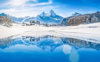 Alpes, 5k, lago azul, inverno, montanhas