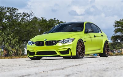 BMW M3, 2018, F80, sports coupe, bright green M3, tuning M3, Velos S15 Forged Wheels