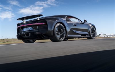 Bugatti Chiron, 2018, hypercar, rear view, black Chiron, highway, Bugatti