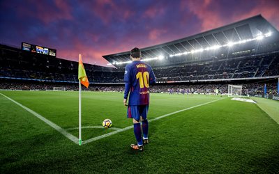 Lionel Messi, Barcelona, UEFA Şampiyonlar Ligi, İspanya, k&#246;şe vuruşu, Futbol Stadyumu, 4k, Leo Messi, Camp