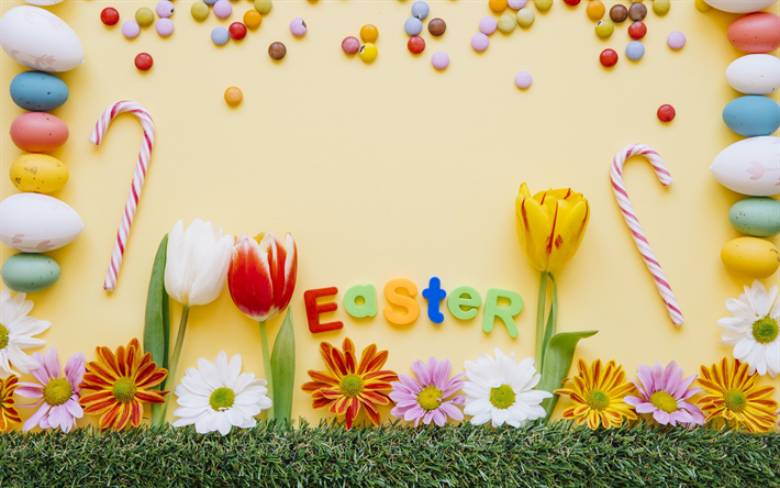 Easter, decoration, April 1, 2018, spring holiday, tulips, Easter eggs