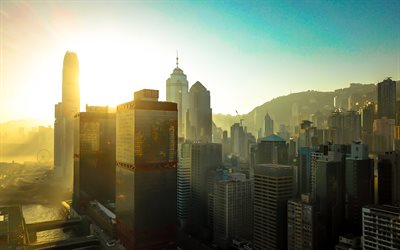 Hong Kong, 4k, aamulla, moderneja rakennuksia, skycrappers, Kiina
