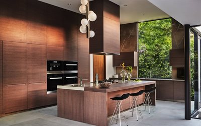 cozinha de design moderno, brown interior, moderno e elegante interior, minimalismo, cozinha