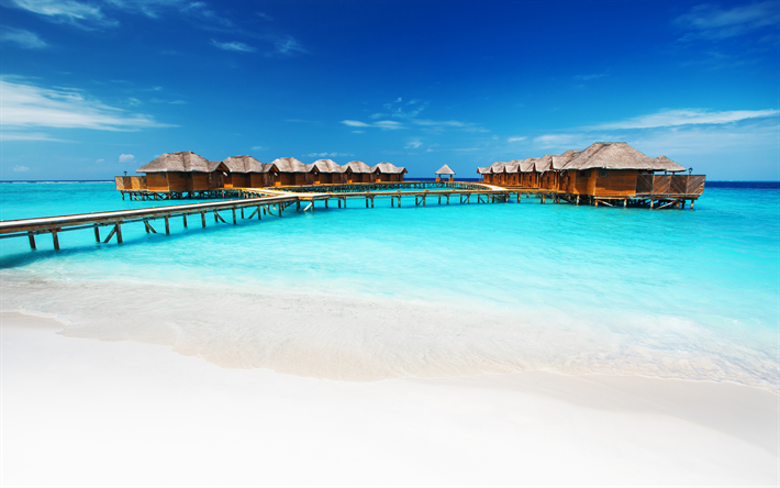 Maldive, bungalow, 4k, oceano, laguna blu, hotel sull&#39;acqua, isole tropicali, viaggi concetti