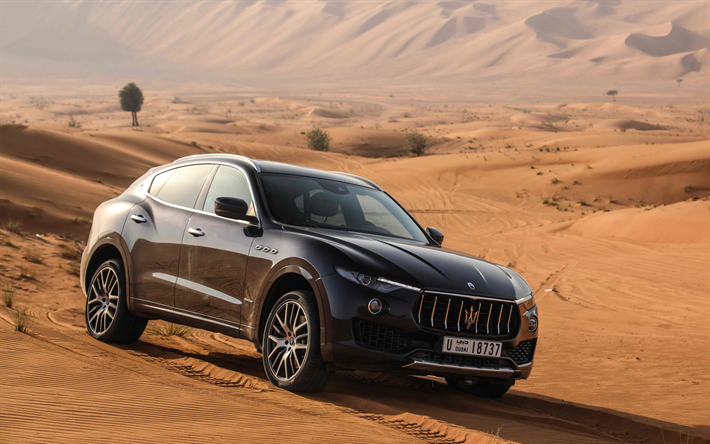 Maserati Levante, S, 2018, 4k, negro SUV de lujo, el desierto, negro Levante, EMIRATOS &#225;rabes unidos, Maserati