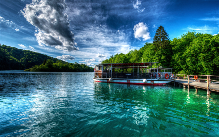 I Laghi di Plitvice, lago, estate, foresta, alberi, nave, Croazia, Parco Nazionale di Plitvice