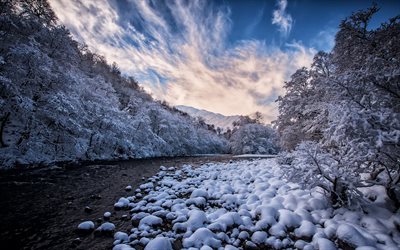 rio de montanha, inverno, neve, noite, p&#244;r do sol, Canada