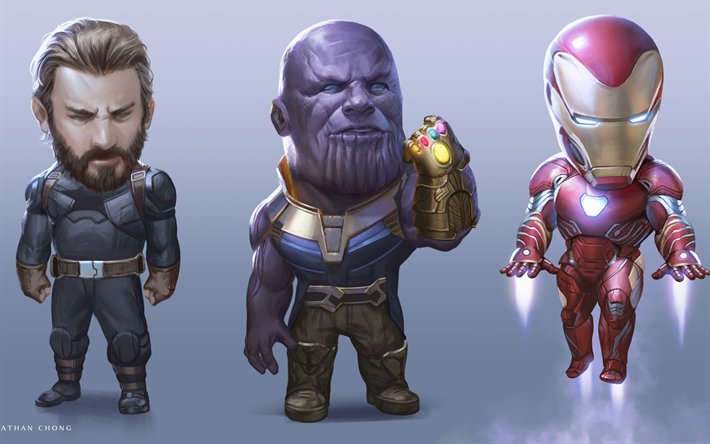 Thanos, Captain America, IronMan, 2018 movie, superheroes, 3d art, Avengers Infinity War