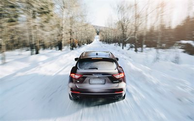 Maserati Levante, 2018, rear view, luxury Italian SUV, winter driving, snow, Maserati
