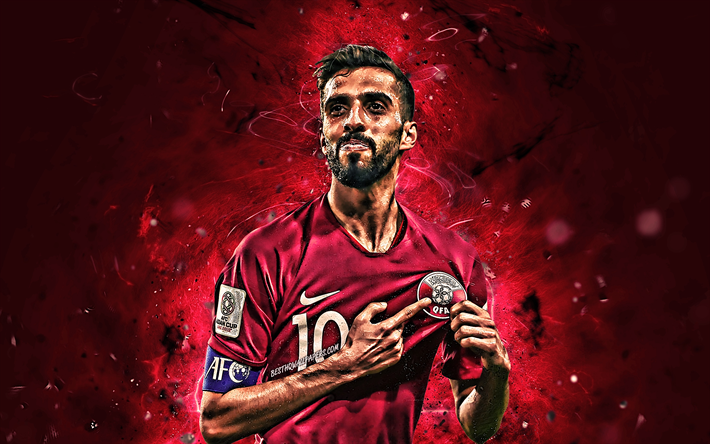 Hassan Al-Haydos, m&#229;l, Qatar National Team, fotboll, fotbollsspelare, Khalid Hassan Al-Haydos, neon lights, Qatarisk fotboll