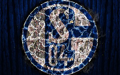 Schalke 04 FC, scorched logo, Bundesliga, blue wooden background, german football club, S04, grunge, FC Schalke 04, football, soccer, Schalke 04 logo, fire texture, Germany