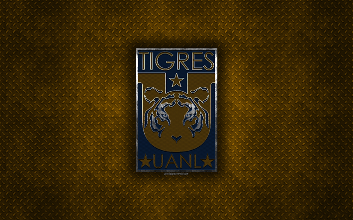 Tigres UANL, Mexican football club, yellow metal texture, metal logo, emblem, Monterrey, Liga MX, creative art, football