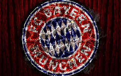 Bayern Munich FC, scorched logo, Bundesliga, red wooden background, german football club, grunge, Bayern Munchen, football, soccer, Bayern Munich logo, fire texture, Germany