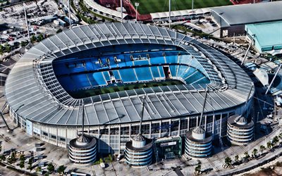 Etihad Stadium, HDR, el f&#250;tbol, la vista a&#233;rea de la Ciudad de Manchester Stadium, estadio de f&#250;tbol, el Manchester City FC, ingl&#233;s estadios, Inglaterra