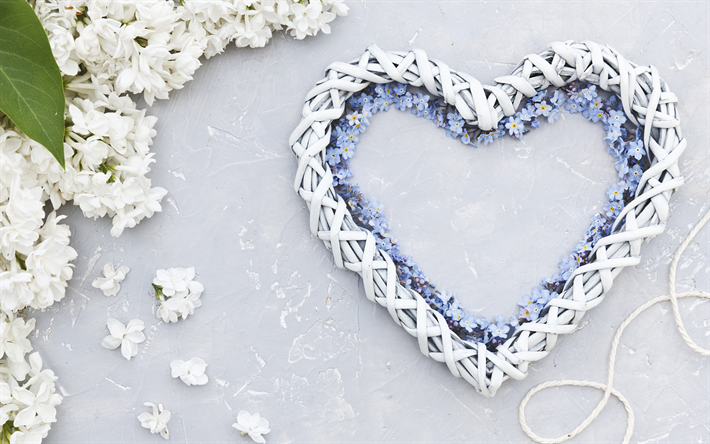 creative heart, Valentines Day, wicker heart, spring bloom, white spring flowers, March 8, background, heart