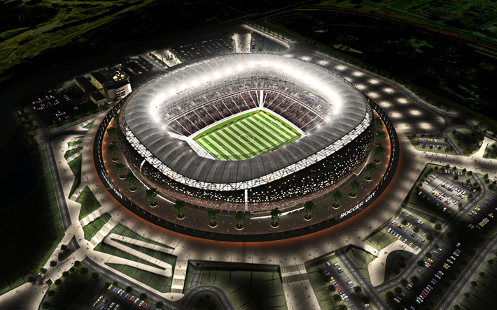 FNB Stadium, la notte, la First National Bank Stadium, veduta aerea, stadio di calcio di Johannesburg, Sud Africa, Sud Africa stadi