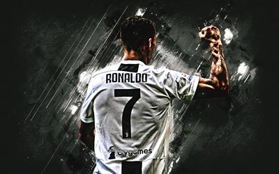 Cristiano Ronaldo, takaisin n&#228;kym&#228;, tavoite, Juventus FC, grunge, Italia, CR7 Juve, Juventus, jalkapallo t&#228;hte&#228;, portugalilaiset jalkapalloilijat, musta kivi, jalkapallo, Serie, Ronaldo, CR7