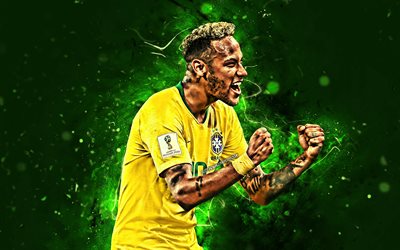 4k, Neymar, vihre&#228; tausta, Brasilian Maajoukkueen, tavoite, Neymar JR, jalkapallo, jalkapallo t&#228;hte&#228;, luova, neon valot, Neymar da Silva Santos Junior, Brasilian jalkapallojoukkue