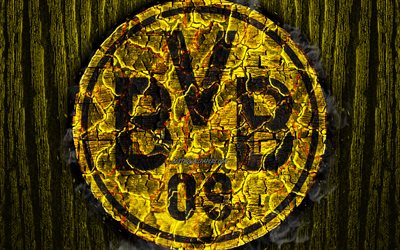 Borussia Dortmund FC, scorched logo, Bundesliga, yellow wooden background, german football club, S04, grunge, BVB, football, soccer, Borussia Dortmund logo, fire texture, Germany