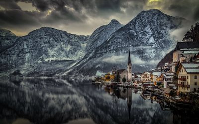 Hallstatt, Austria, lago, invierno, Gmunden, monta&#241;as, Lago Hallstatt