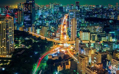 Tokyo, natt, skyskrapor, trafikljus, nattliga, Japan