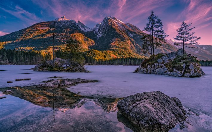 Alpes, manantial, lago, monta&#241;as, puesta del sol, Alemania