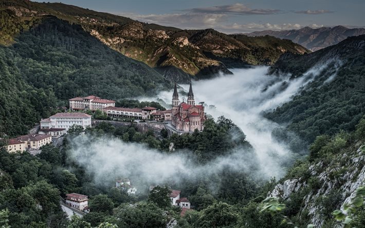 Spain, mountains, valley, Basilica de Santa Maria la Real, Picos de Europa, Asturias, Covadonga