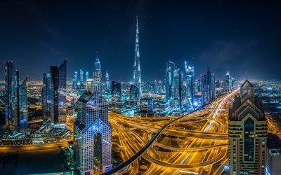 Dubai, Yhdistyneet Arabiemiirikunnat, y&#246;, pilvenpiirt&#228;j&#228;, Burj Khalifa, kaupungin valot, UAE