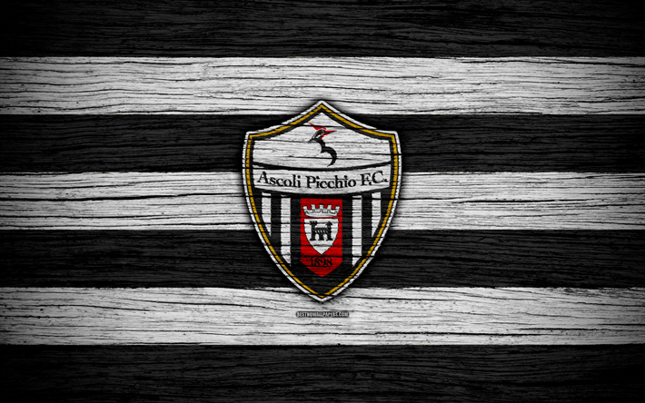 Ascoli Picchio FC, Serie B, 4k, football, wooden texture, Italian football club, logo, emblem, Ascoli Piceno, Italy