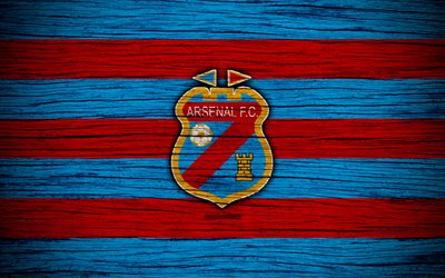 Arsenal Sarandi, 4k, Superliga, logo, AAAJ, Argentina, soccer, Arsenal Sarandi FC, football club, wooden texture, FC Arsenal Sarandi