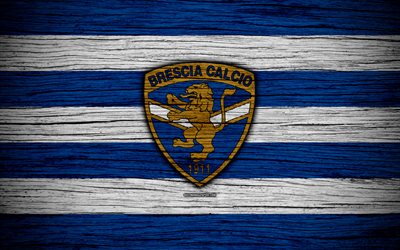 Brescia Calcio, Serie B, 4k, football, wooden texture, blue white lines, Italian football club, logo, emblem, Brescia, Italy