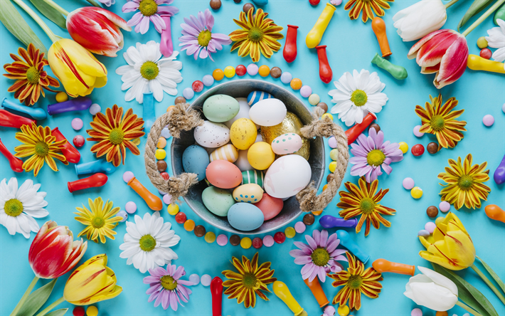 Feliz Pascua, primavera, flores, crisantemo, huevos de pascua, decoraci&#243;n
