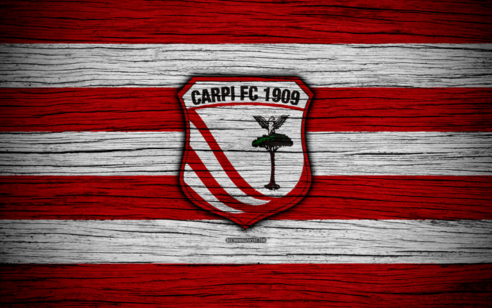 Carpi FC, 1909, Serie B, 4k, football, wooden texture, red white lines, Italian football club, logo, emblem, Carpi, Italy