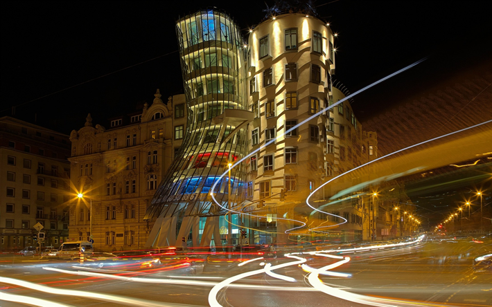 Dancing House, Nationale-Nederlanden building, Prague, Czech Republic, evening, city lights, Fred and Ginger, Vlado Milunic, Frank Gehry