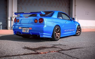 Nissan GT-R, R34, sports coupe, tuning, blue GT-R, Japanese cars, Nissan Skyline