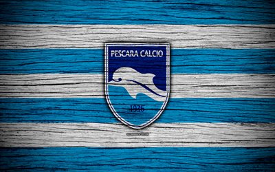 Delfino Pescara 1936, Serie B, 4k, football, wooden texture, white blue line, italian football club, Delfino FC, logo, emblem, Pescara, Italy