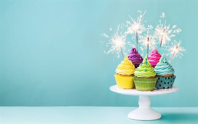 Happy Birthday, festive cupcakes, Bengal lights, congratulations, colored cream, cakes, birthday