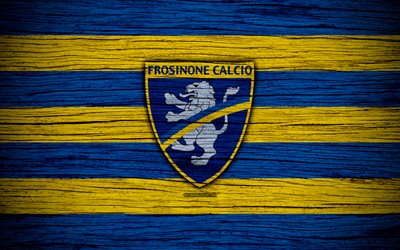 Frosinone Calcio, Serie B, 4k, football, wooden texture, yellow blue lines, Italian football club, Frosinone FC, logo, emblem, Frosinone, Italy