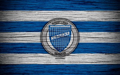 Godoy Cruz, 4k, Superliga, logo, AAAJ, Argentina, soccer, Godoy Cruz FC, football club, wooden texture, FC Godoy Cruz