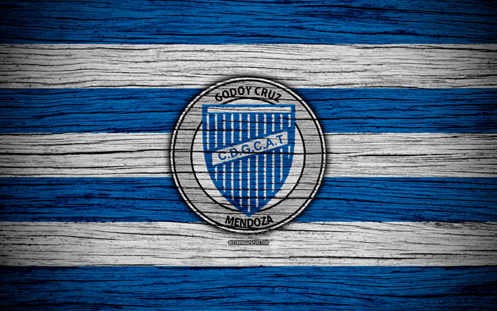 Godoy Cruz, 4k, Superliga, logo, AAAJ, l&#39;Argentine, le football, Godoy Cruz FC, club de football, texture de bois, le FC Godoy Cruz