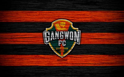 Gangwon FC, 4k, K League 1, South Korean Football Club, logo, wooden texture, black and red lines, emblem, Gangwon-do, South Korea, football