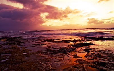 Hawaii, 4k, ranta, rannikolla, sunset, Tyynell&#228;merell&#228;, USA, Amerikassa