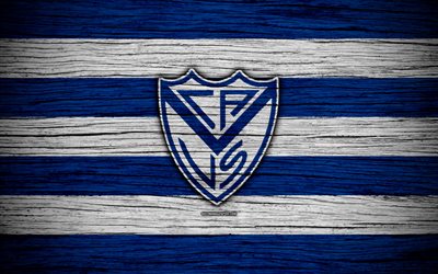 Velez Sarsfield, 4k, Superliga, logo, AAAJ, Argentina, soccer, Velez Sarsfield FC, football club, wooden texture, FC Velez Sarsfield