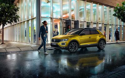 Volkswagen T-Roc, 2018, exterior, crossover, new yellow T-Roc, German cars, Volkswagen