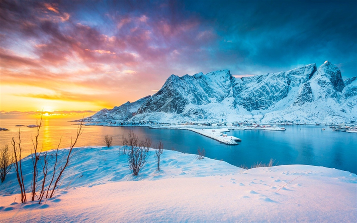 Lofoten Islands, invierno, sunset, snowdrifts, Norway, Europe