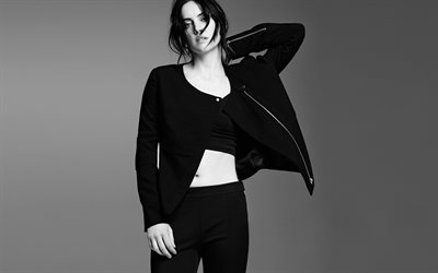 Jessica Stroup, Amerikansk sk&#229;despelare, svart och vit photoshoot, svart kostym, Amerikanska k&#228;ndisar