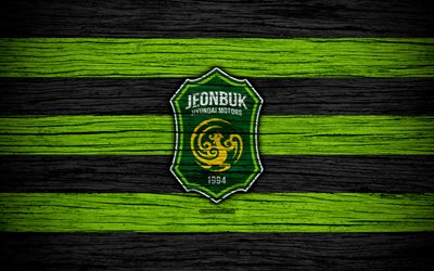 Jeonbuk Hyundai Motors FC, 4k, K League 1, wooden texture, South Korean football club, logo, green black lines, emblem, Jeonju, South Korea, football