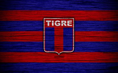 Tigre, 4k, Superliga, logo, AAAJ, Argentina, soccer, Tigre FC, football club, wooden texture, FC Tigre