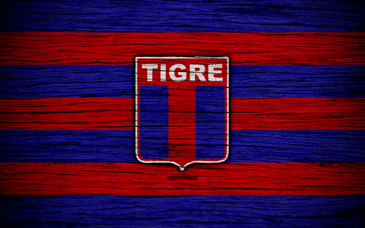 Tigre, 4k, Superliga, logo, AAAJ, Argentina, futebol, Tigre FC, clube de futebol, textura de madeira, FC Tigre