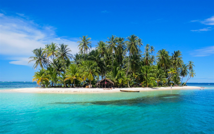 pequena ilha tropical, palmas, oceano, ver&#227;o, praia, viagens
